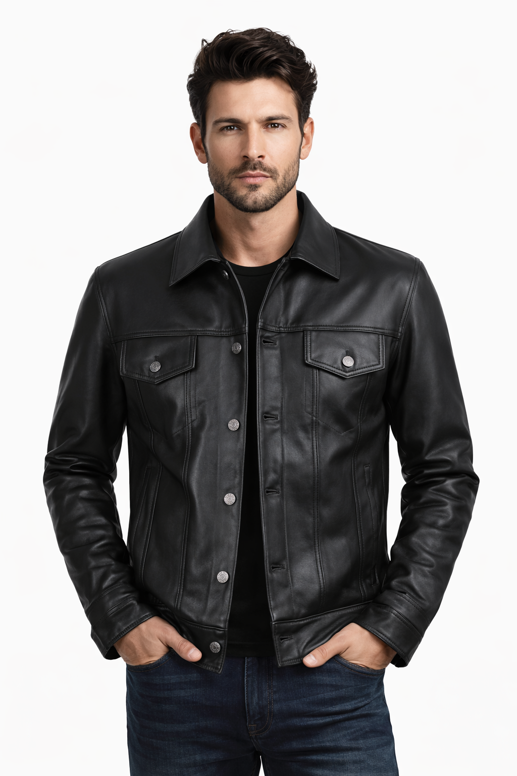 Pelleaura Men’s Black Shirt Collar Leather Trucker Jacket – Classic Button Front Genuine Leather Jacket