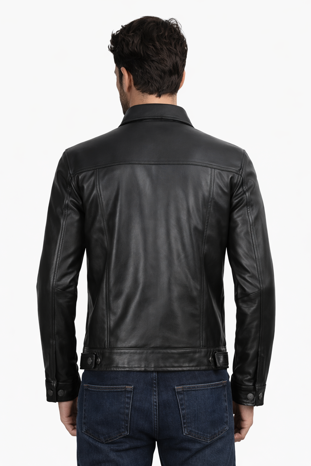 Pelleaura Men’s Black Shirt Collar Leather Trucker Jacket – Classic Button Front Genuine Leather Jacket