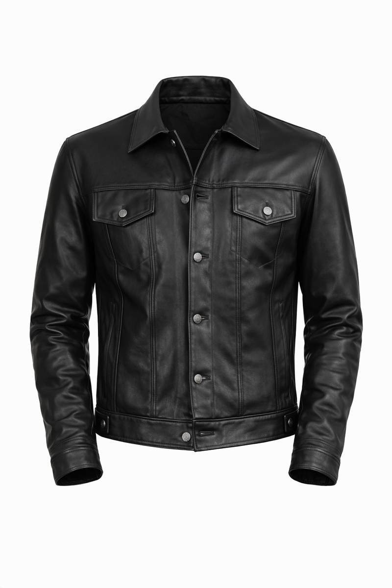 Pelleaura Men’s Black Shirt Collar Leather Trucker Jacket – Classic Button Front Genuine Leather Jacket Pelleaura | Premium Quality Leather Stuff Brand USA