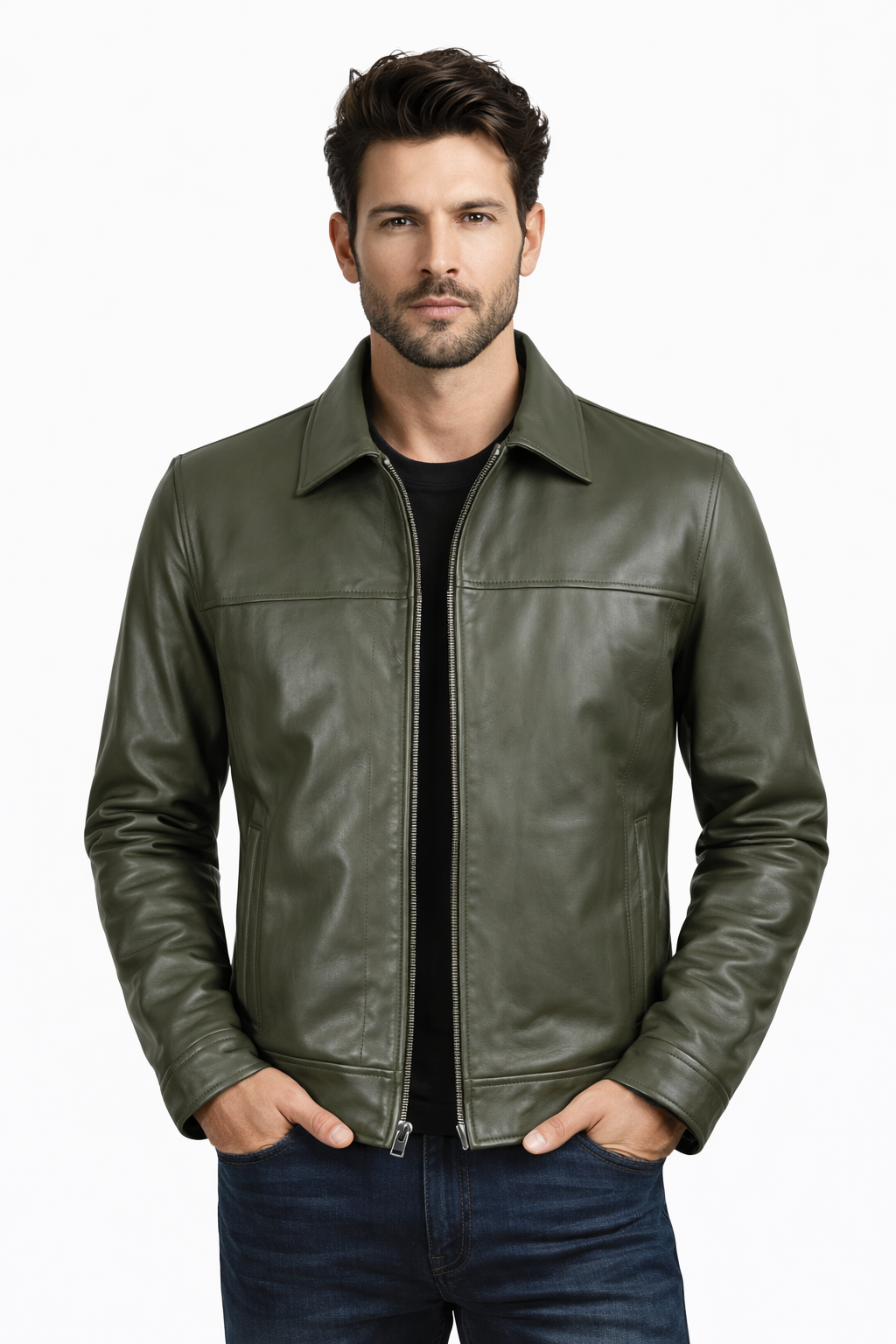 Pelleaura Men’s Olive Green Leather Harrington Jacket – Slim Fit Classic Zip-Up Coat for Fall