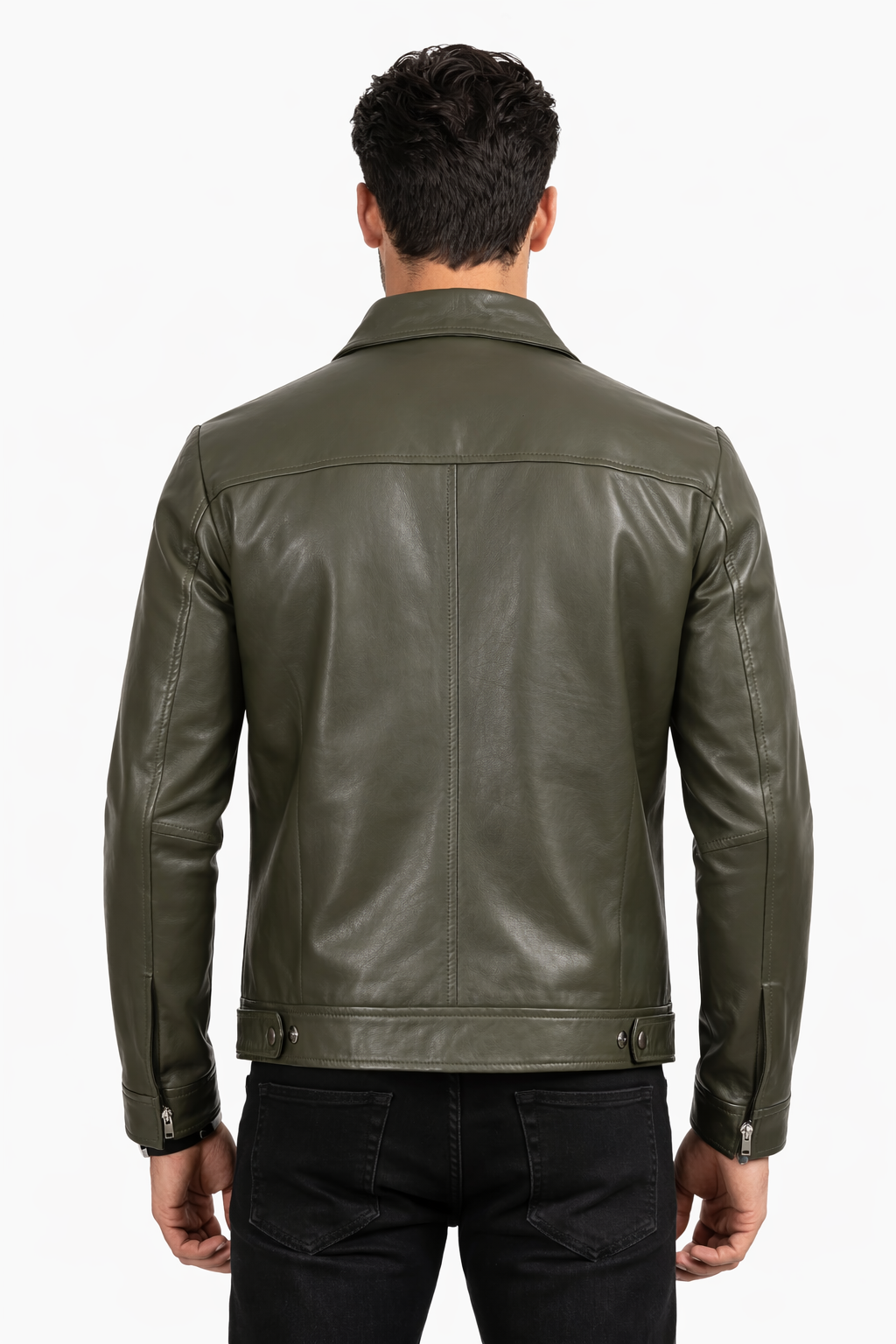 Pelleaura Men’s Olive Green Leather Harrington Jacket – Slim Fit Classic Zip-Up Coat for Fall