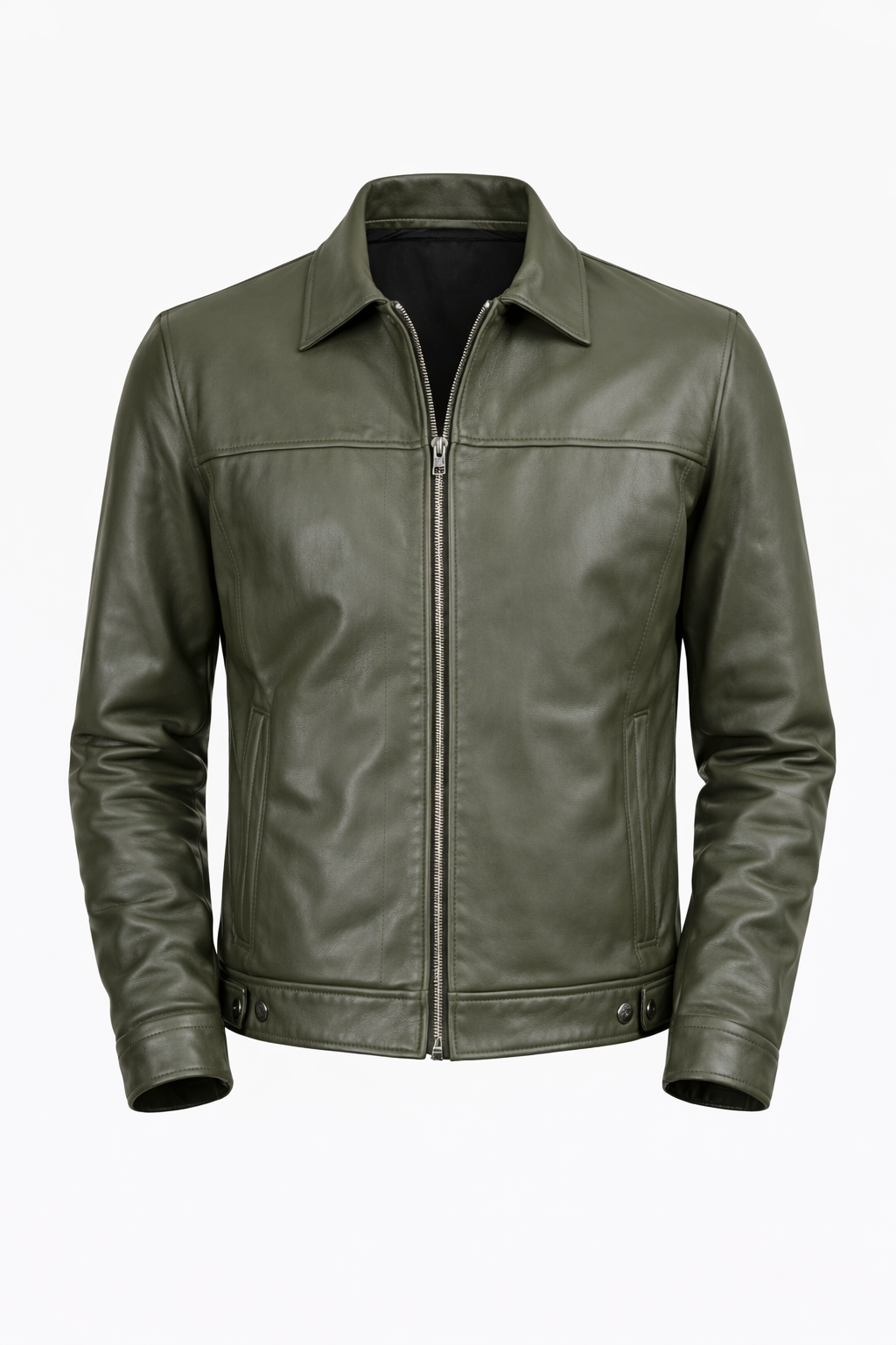 Pelleaura Men’s Olive Green Leather Harrington Jacket – Slim Fit Classic Zip-Up Coat for Fall