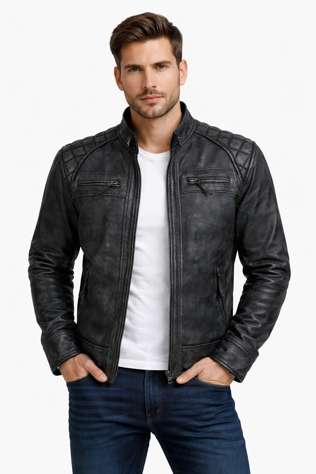 Pelleaura Men’s Distressed Black Leather Jacket – Washed Vintage Motorcycle Biker Jacket with Quilted Shoulders