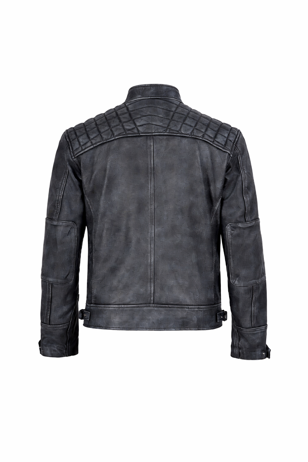 Pelleaura Men’s Distressed Black Leather Jacket – Washed Vintage Motorcycle Biker Jacket with Quilted Shoulders