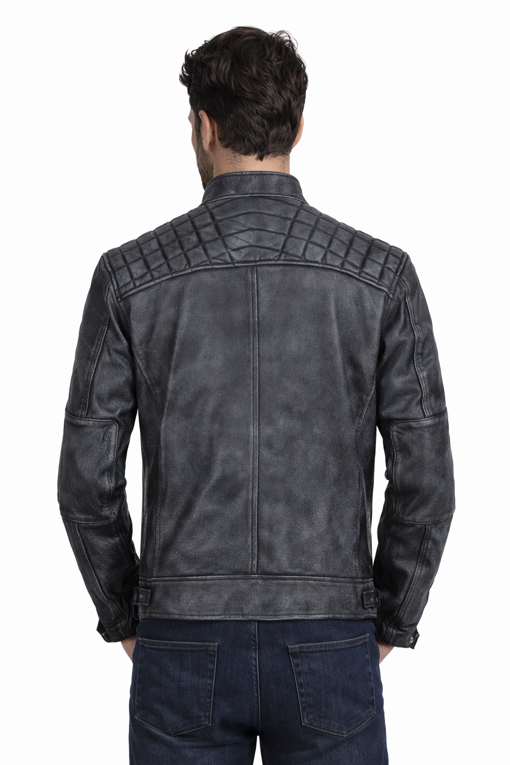 Pelleaura Men’s Distressed Black Leather Jacket – Washed Vintage Motorcycle Biker Jacket with Quilted Shoulders