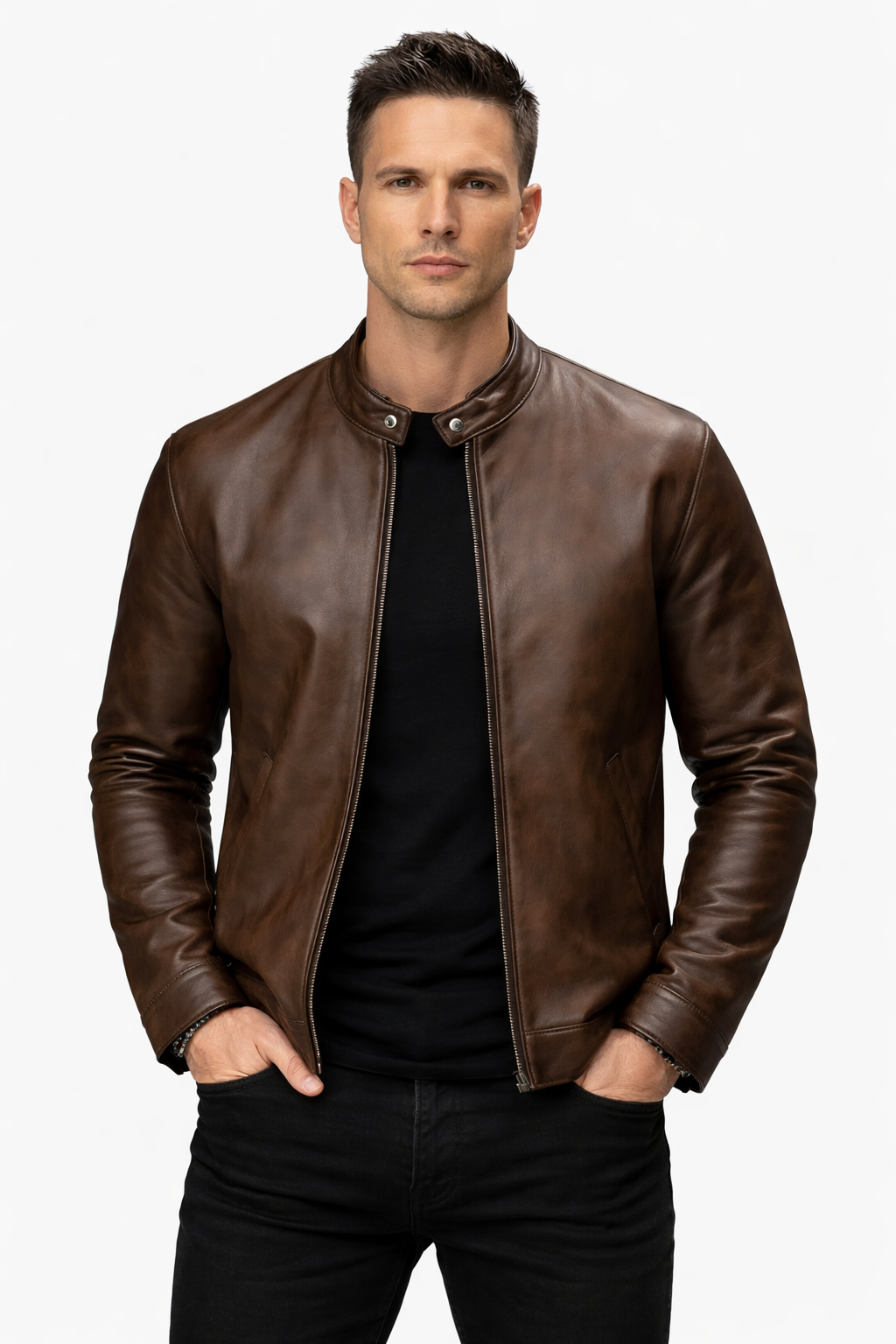 Pelleaura Men’s Classic Brown Racer Leather Jacket – Timeless Tailored Fit Pelleaura | Premium Quality Leather Stuff Brand USA