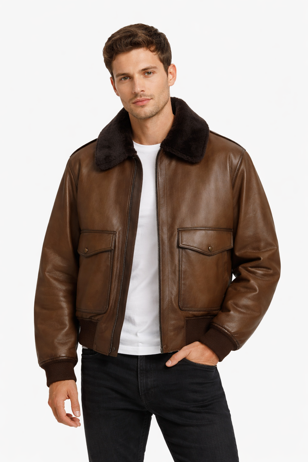 Pelleaura Men’s Brown Leather Bomber Jacket with Ribbed Hem – Classic Pilot Style Pelleaura | Premium Quality Leather Stuff Brand USA