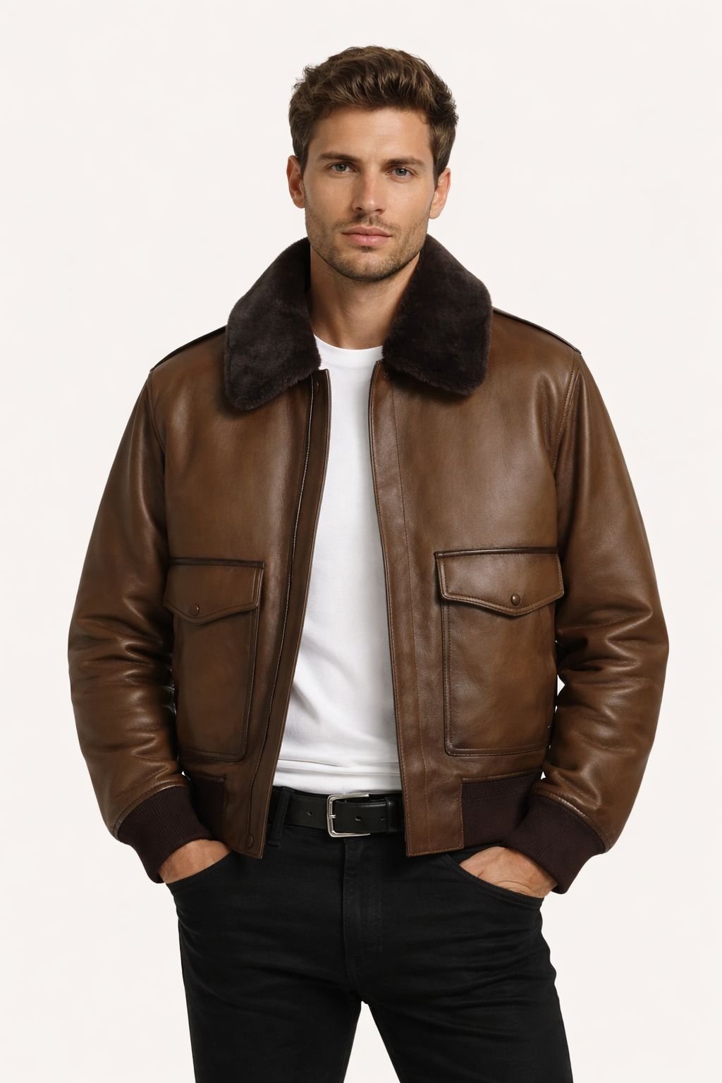 Pelleaura Men’s Brown Leather Bomber Jacket with Ribbed Hem – Classic Pilot Style
