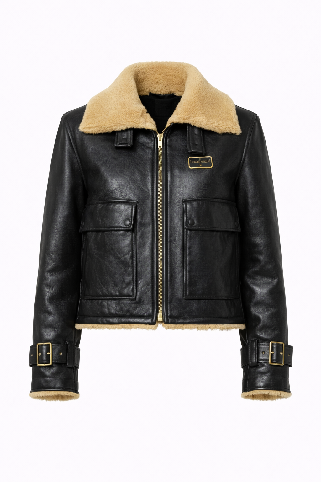 Pelleaura Women’s Black Leather Shearling Aviator Jacket – Genuine Leather Biker Coat with Fur Collar