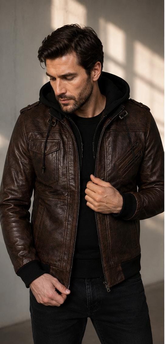 A man wearing a dark brown leather hooded jacket over a black hoodie and black pants, standing in a dimly lit interior with window shadows.