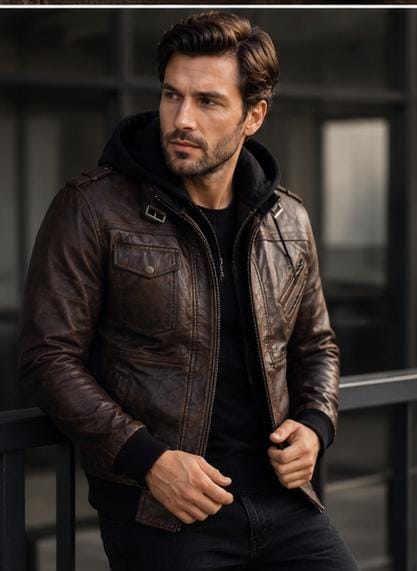 A man wearing a dark brown distressed leather jacket over a black hoodie and black t-shirt, leaning against a dark railing in an urban setting.