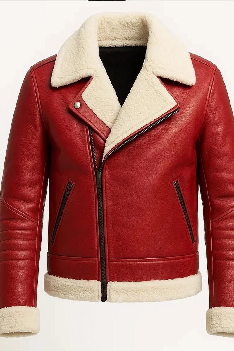 Men's Leather Jacket Shearling - Lined Red Moto/Biker - Winter Jackets for Men - Pelleaura | Premium Quality Leather Stuff Brand USA