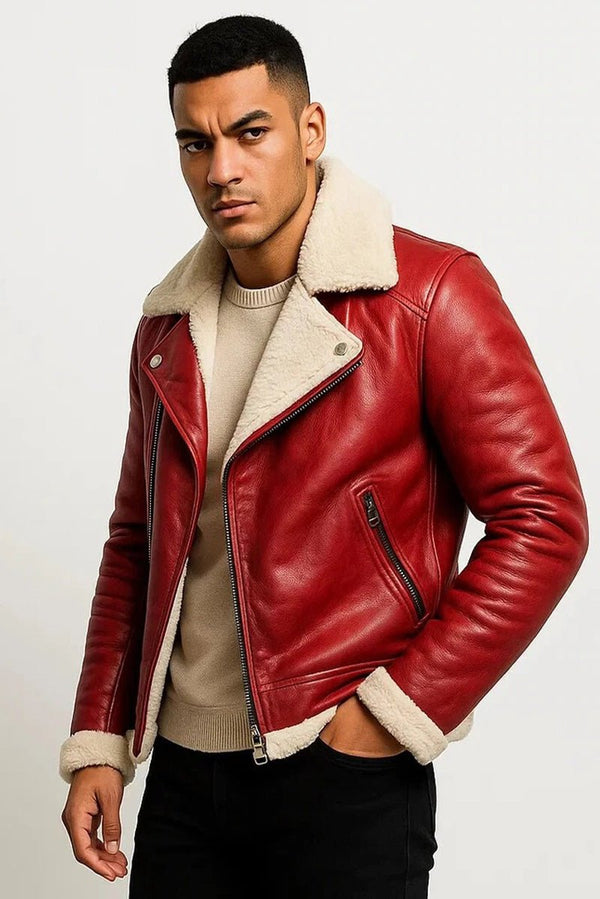 Men's Leather Jacket Shearling - Lined Red Moto/Biker - Winter Jackets for Men - Pelleaura | Premium Quality Leather Stuff Brand USA