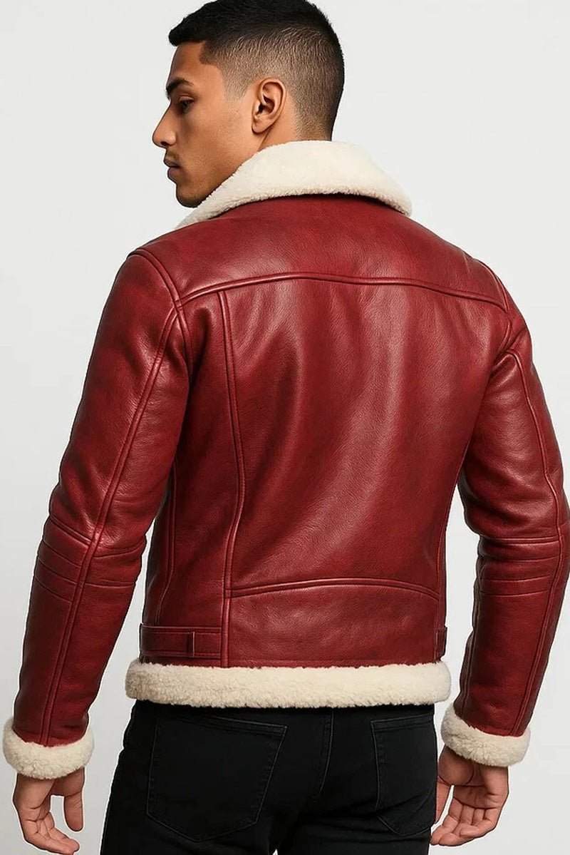 Men's Leather Jacket Shearling - Lined Red Moto/Biker - Winter Jackets for Men - Pelleaura | Premium Quality Leather Stuff Brand USA