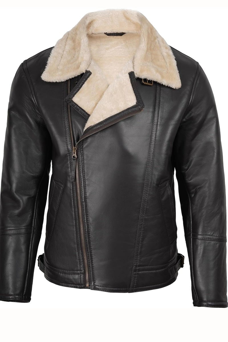 Men’s Shearling Black Leather Aviator Jacket - Pelleaura | Premium Quality Leather Stuff Brand USA