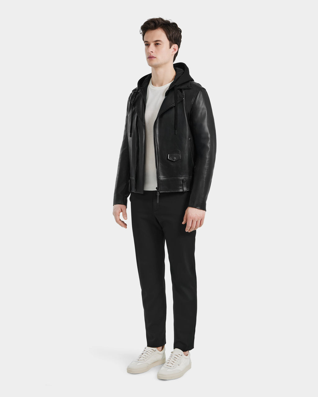 Side profile of MANUS B Men's Black Leather Moto Jacket with modern biker design