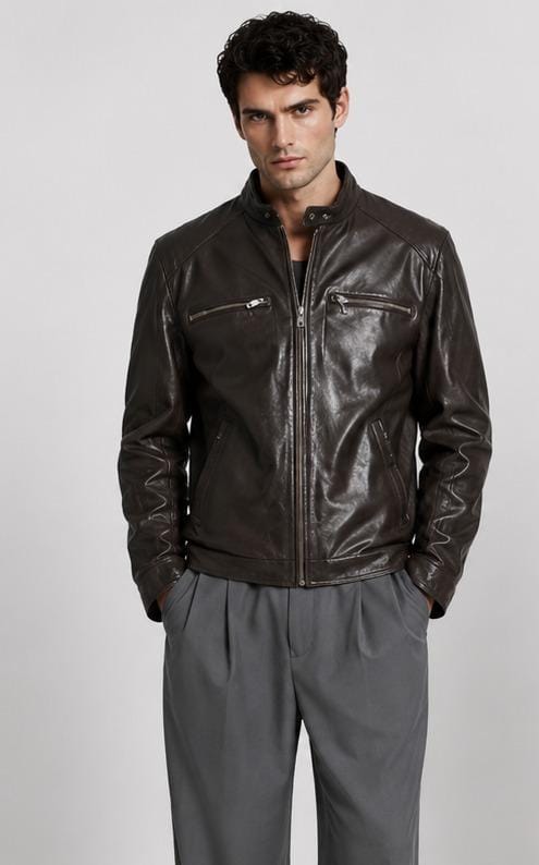 A man wearing a dark brown leather jacket with zippered chest pockets and gray trousers, standing against a light gray studio background.
