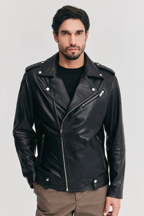 Man wearing a black leather jacket on a white background