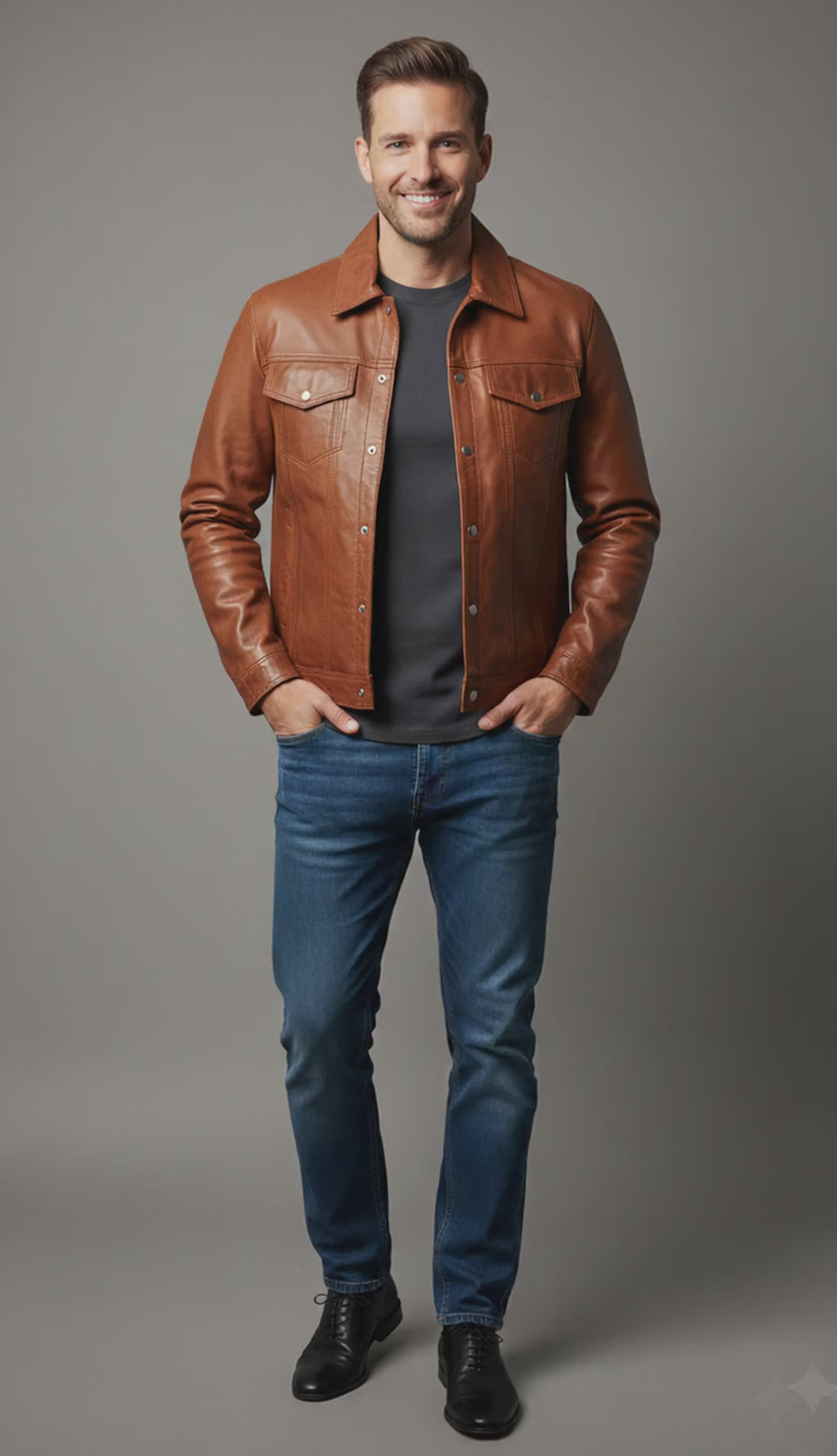 Classic Leather Jacket Genuine Leather Regular Fit Spread Collar Zip Front Closure Aviator Style