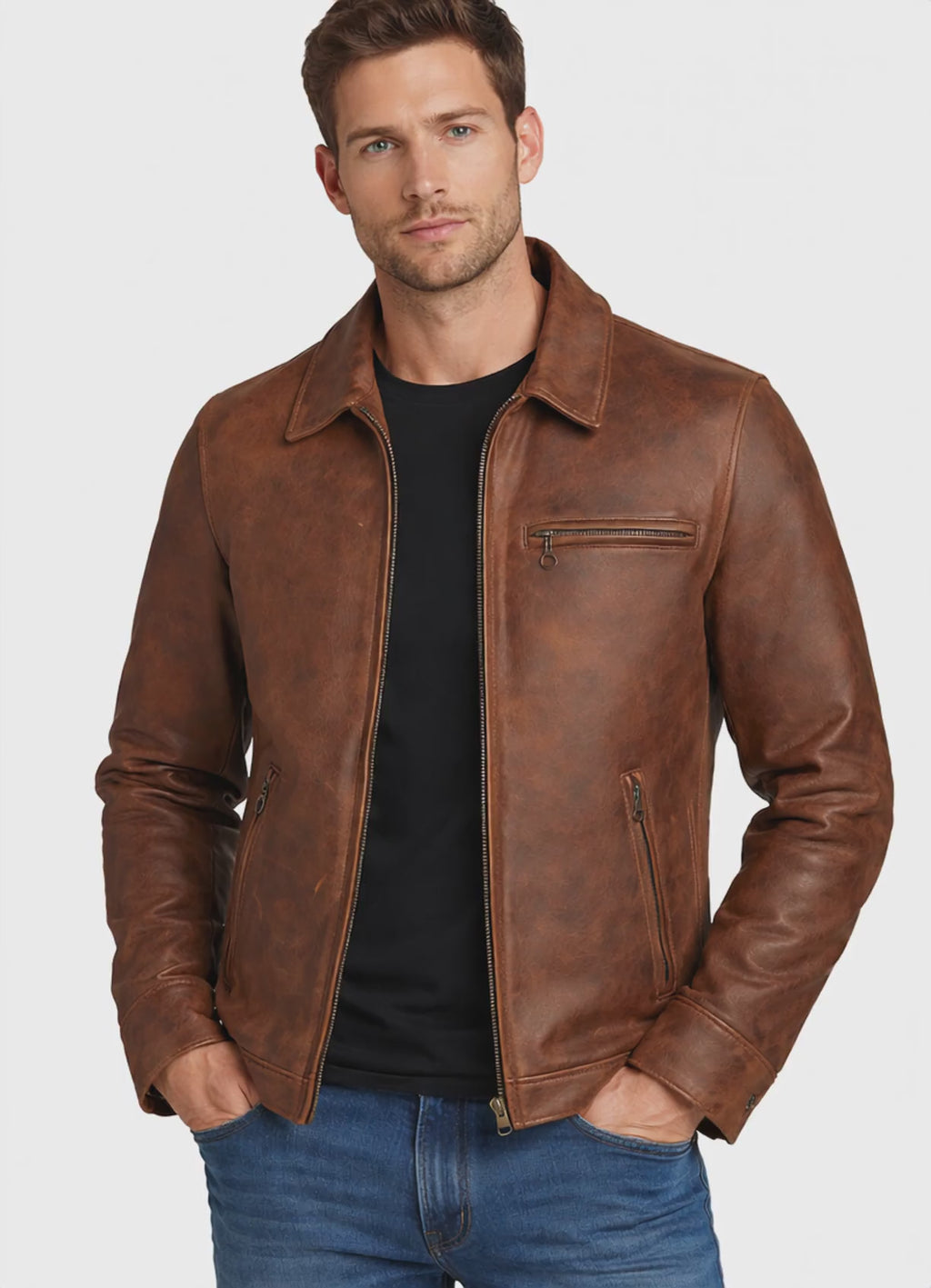 Men's Vintage Brown Distressed Leather Jacket with Zip Pockets