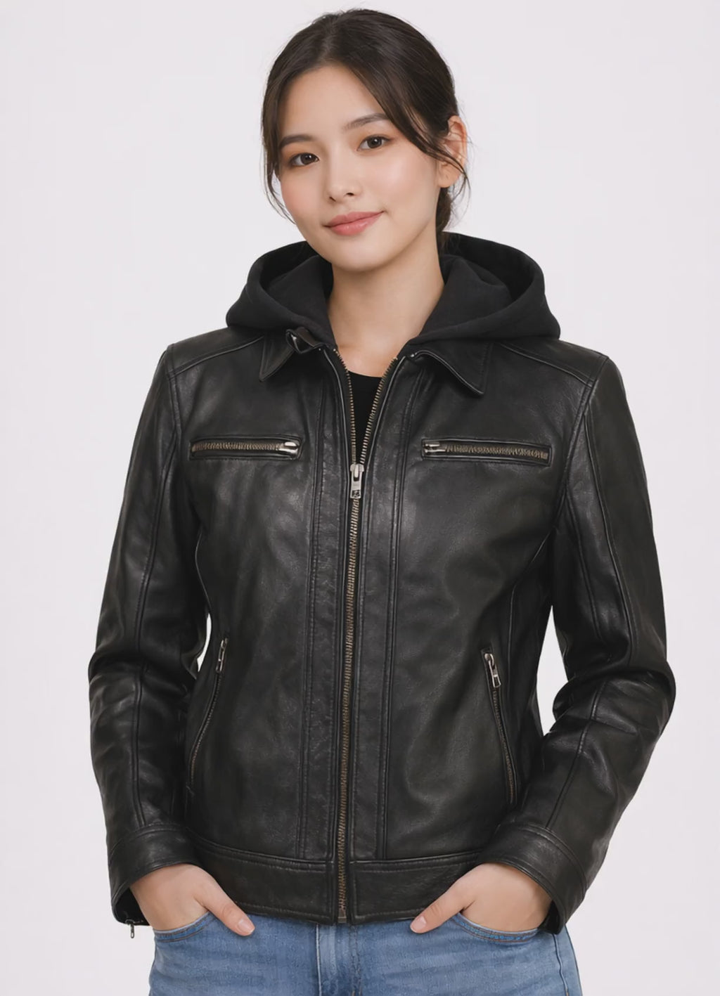 Hector Black Hooded Leather Biker Jacket for Women