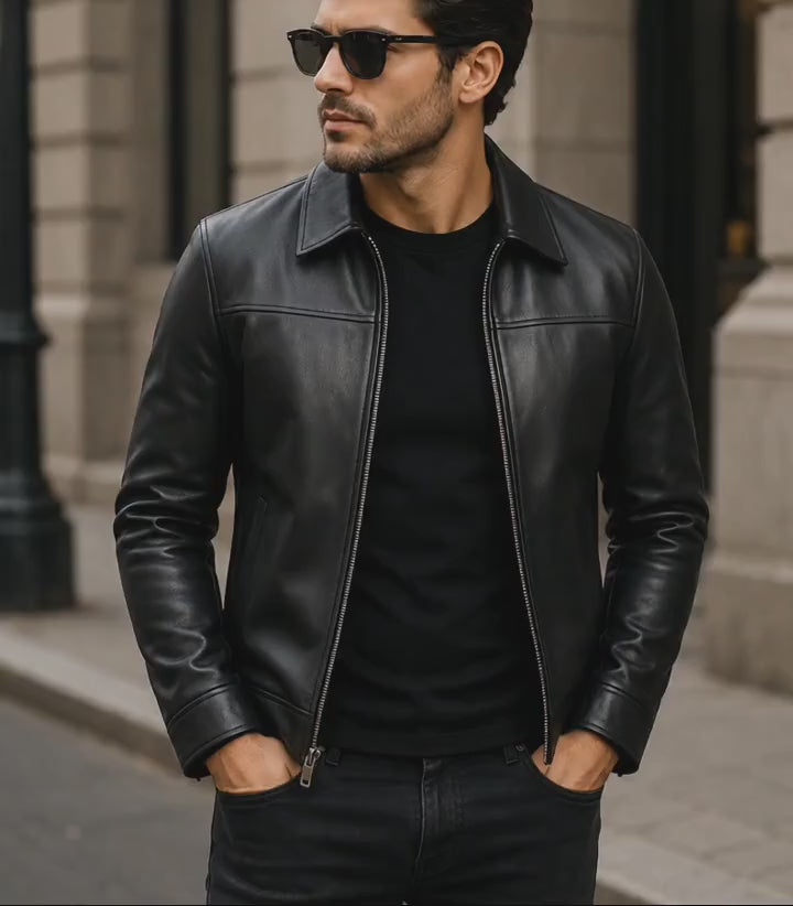 Black Leather Jacket Front, Side and Back View Video on Male Model