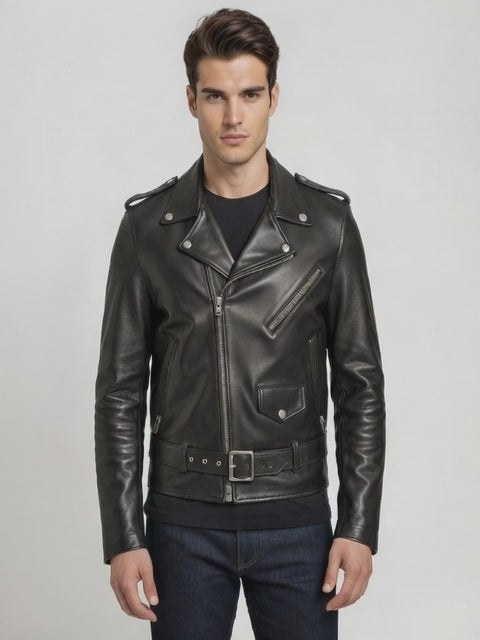 Men's Classic Black Leather Biker Moto Jacket with Belt