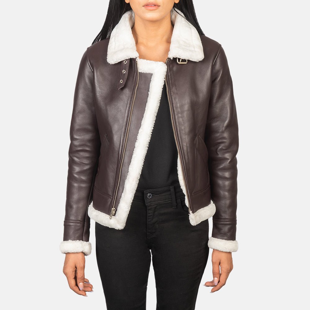 Sherilyn B - 3 Maroon Leather Bomber Jacket - Pelleaura | Premium Quality Leather Stuff Brand USA