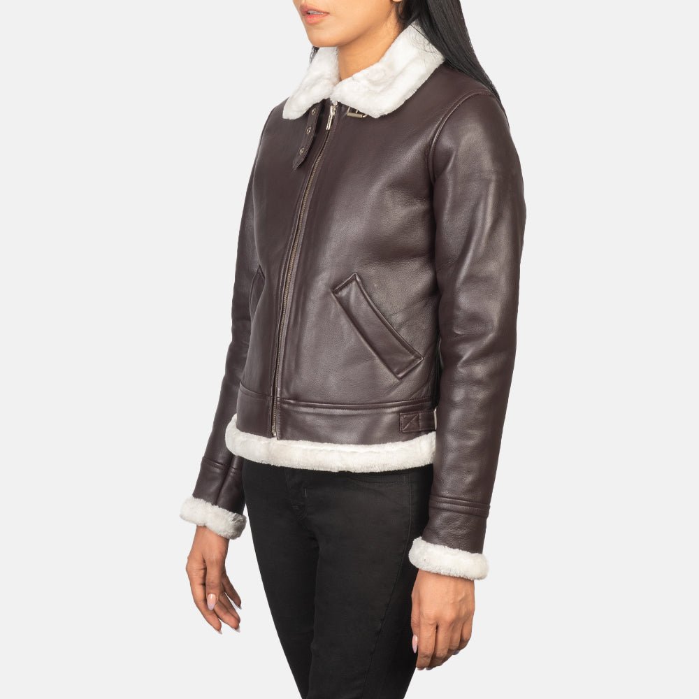 Sherilyn B - 3 Maroon Leather Bomber Jacket - Pelleaura | Premium Quality Leather Stuff Brand USA