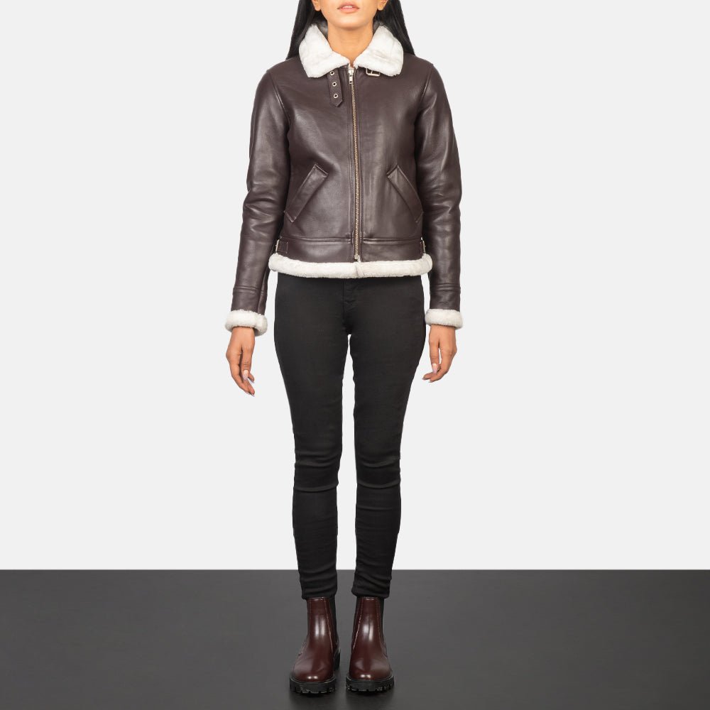 Sherilyn B - 3 Maroon Leather Bomber Jacket - Pelleaura | Premium Quality Leather Stuff Brand USA