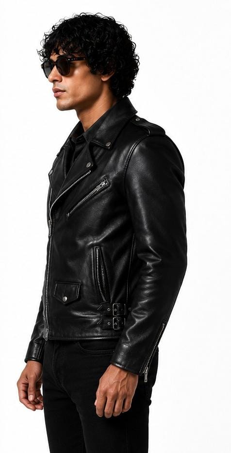 A man wearing a black leather motorcycle jacket, black sunglasses, and black pants, shown in profile against a plain white background.