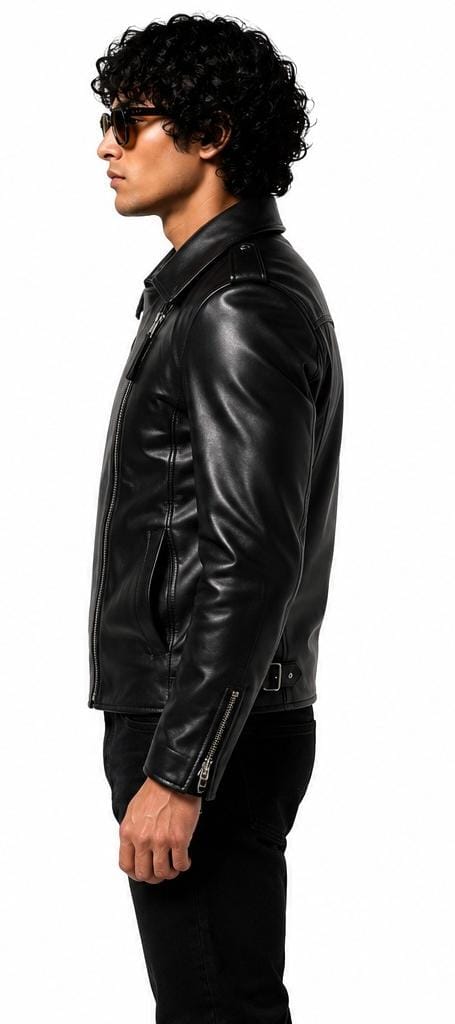 A man in profile wearing a black leather jacket, black pants, and sunglasses against a plain white background.