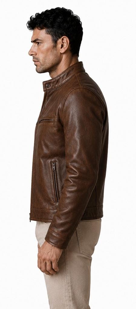 A man shown in profile wearing a brown leather jacket and beige pants against a plain white background.