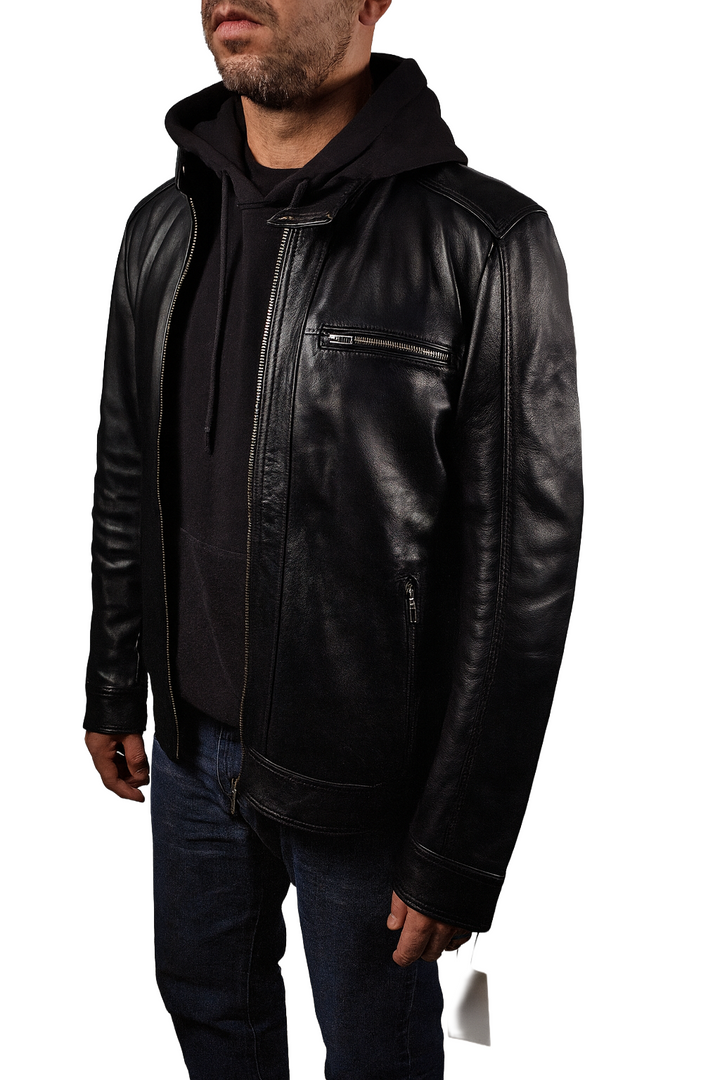 Hector Black Hooded Leather Biker Jacket