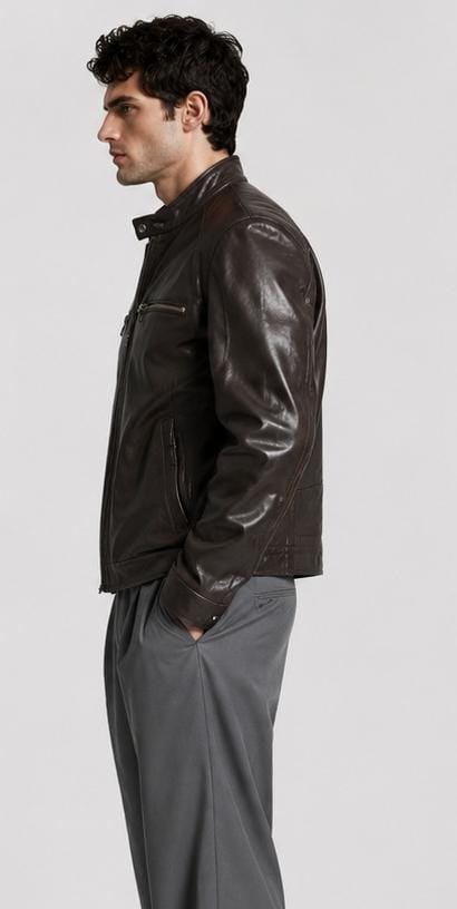 A man wearing a dark brown leather jacket and gray trousers, shown in profile against a light gray studio background.