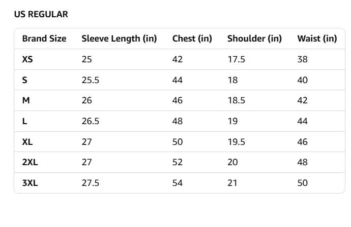 Size chart for US Regular clothing with brand size, sleeve length, chest, shoulder, and waist measurements.