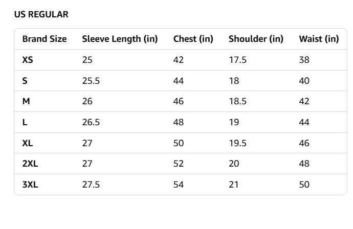 Size chart for US Regular clothing with brand size, sleeve length, chest, shoulder, and waist measurements.