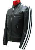 Black leather motorcycle jacket with a stand collar, silver zipper, zippered chest pockets, and white double stripes down the sleeves, displayed on a red mannequin torso against a white background.