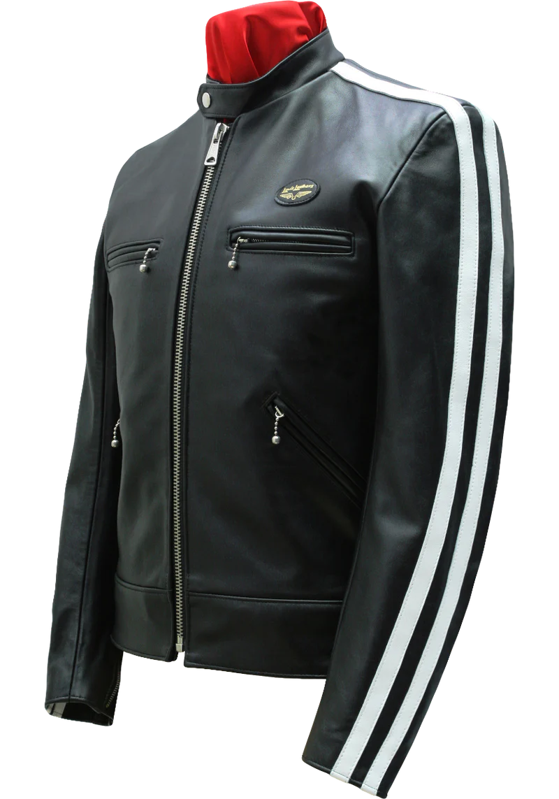 Black leather motorcycle jacket with a stand collar, silver zipper, zippered chest pockets, and white double stripes down the sleeves, displayed on a red mannequin torso against a white background.