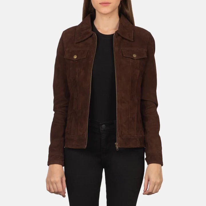Suzy Mocha Suede Trucker Jacket For Women - Pelleaura | Premium Quality Leather Stuff Brand USA