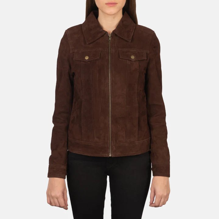 Suzy Mocha Suede Trucker Jacket For Women - Pelleaura | Premium Quality Leather Stuff Brand USA