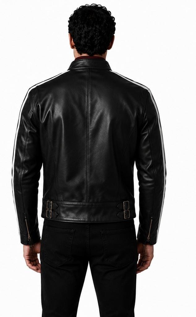 A man viewed from the back wearing a black leather jacket with white stripes on the shoulders and upper arms, paired with black pants, against a plain white background.