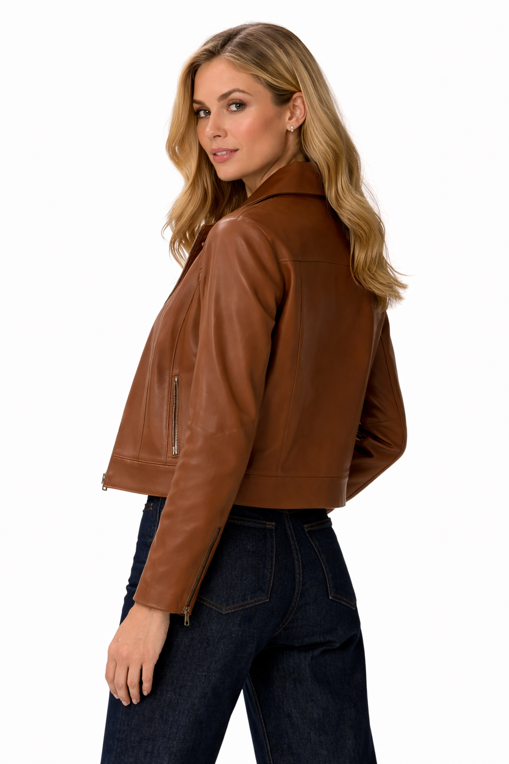 Pelleaura Women’s Brown Cropped Leather Jacket – Zip Front Genuine Leather Jacket for Women