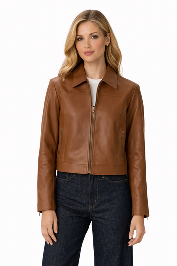 Pelleaura Women’s Brown Cropped Leather Jacket – Zip Front Genuine Leather Jacket for Women