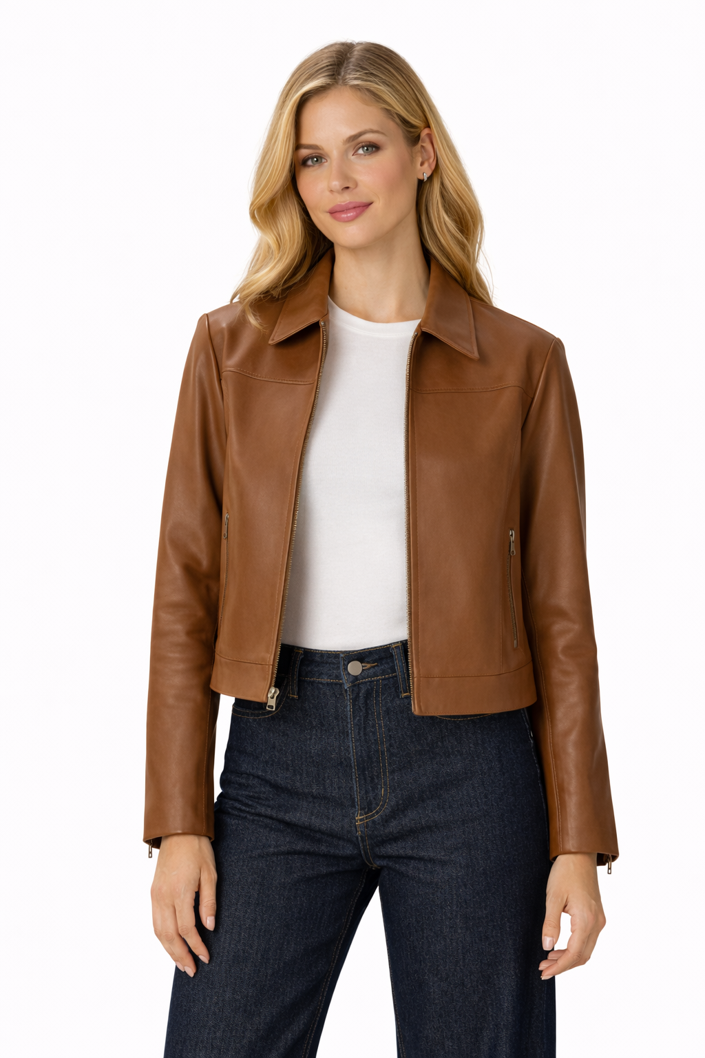 Pelleaura Women’s Brown Cropped Leather Jacket – Zip Front Genuine Leather Jacket for Women