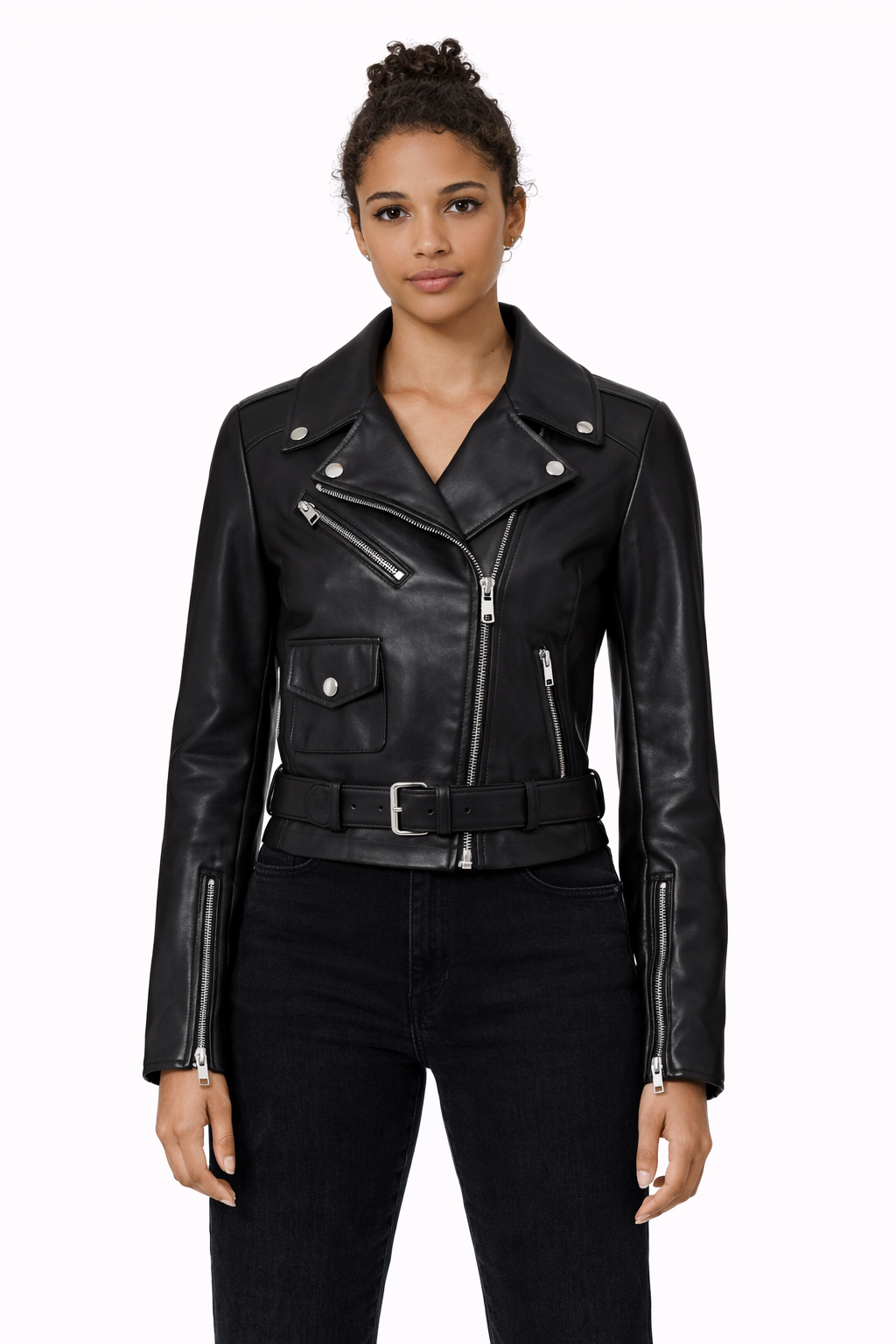 Pelleaura Women’s Black Nappa Leather Biker Jacket – Slim Fit Moto Jacket with Belt