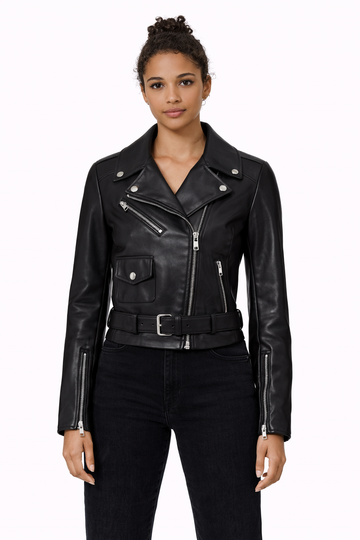 Pelleaura Women’s Black Nappa Leather Biker Jacket – Slim Fit Moto Jacket with Belt