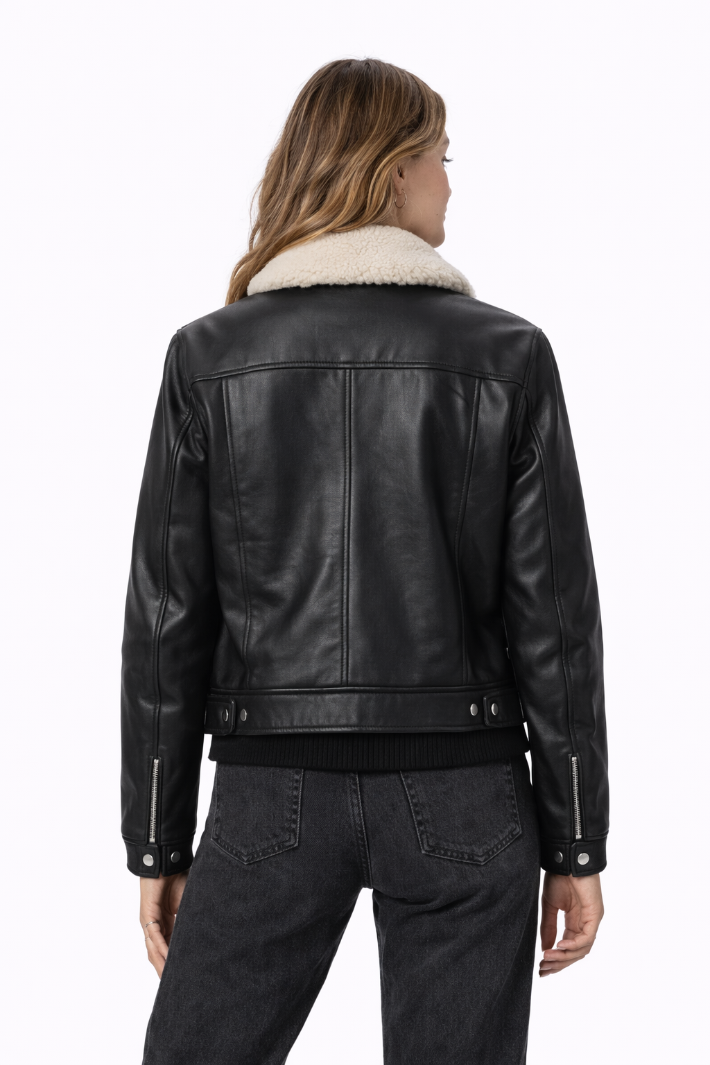 Pelleaura Women’s Black Leather Aviator Jacket with Shearling Collar