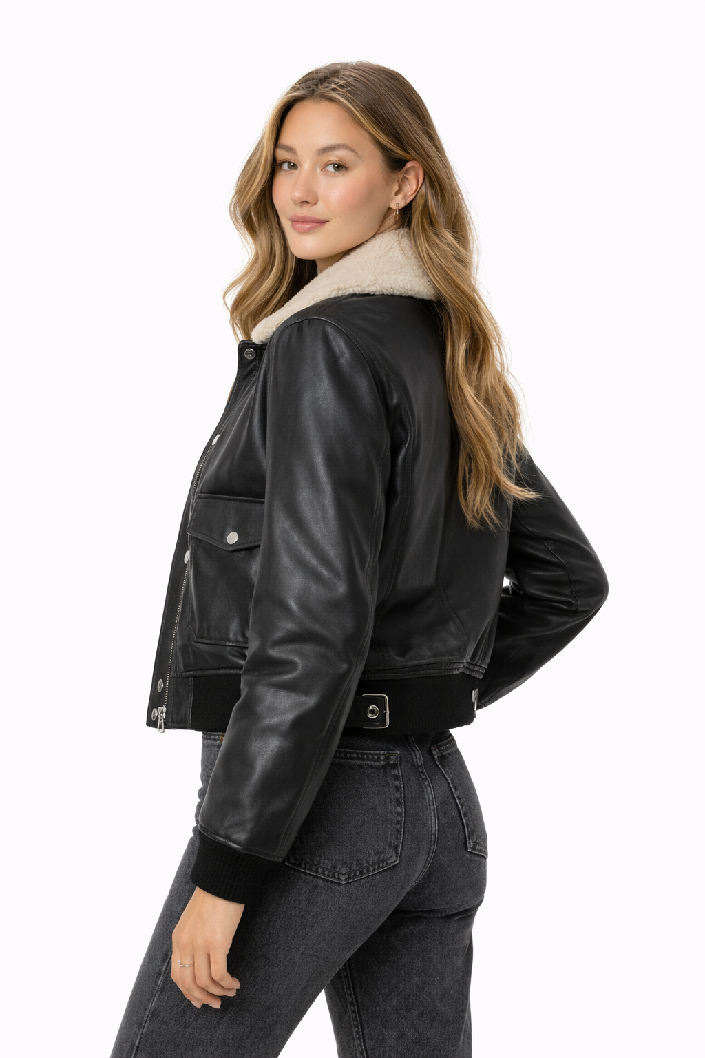 Pelleaura Women’s Black Leather Aviator Jacket with Shearling Collar