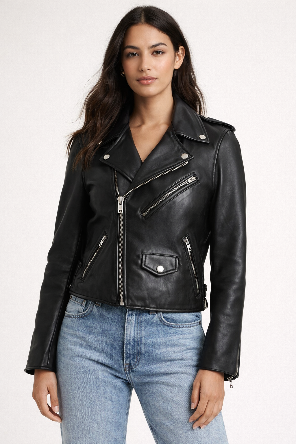 Pelleaura Women’s Black Sheepskin Leather Moto Jacket – Asymmetrical Zip Biker Style